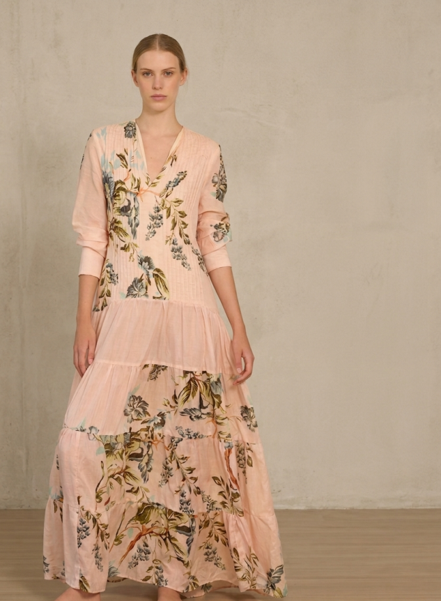 Vestido Maxi en Lino con Estampado Botánico