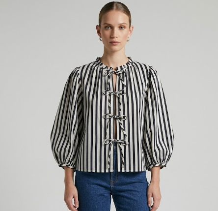 Blusa de Algodón a Rayas con Lazos Frontales y Manga Globo