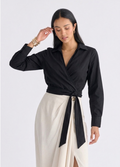 Camisa de Popelín Cruzada Estilo "Wrap" con Lazo Lateral