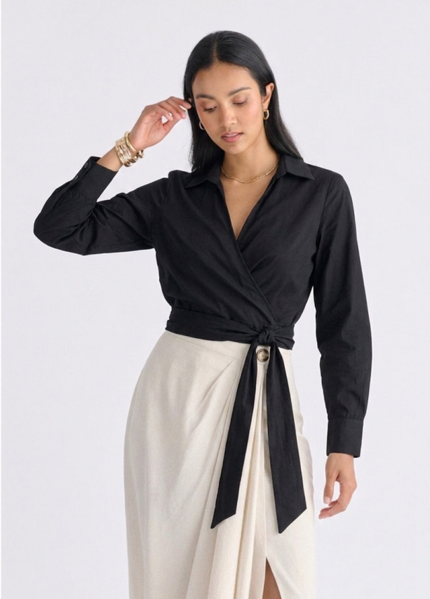 Camisa de Popelín Cruzada Estilo "Wrap" con Lazo Lateral