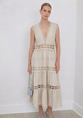 Vestido Midi de Lino Texturizado con Calados Geométricos y Cuello en V