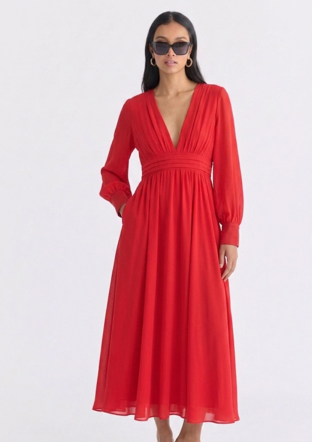 Vestido Midi en Gasa Rojo Pasión con Cintura Plisada y Escote en V