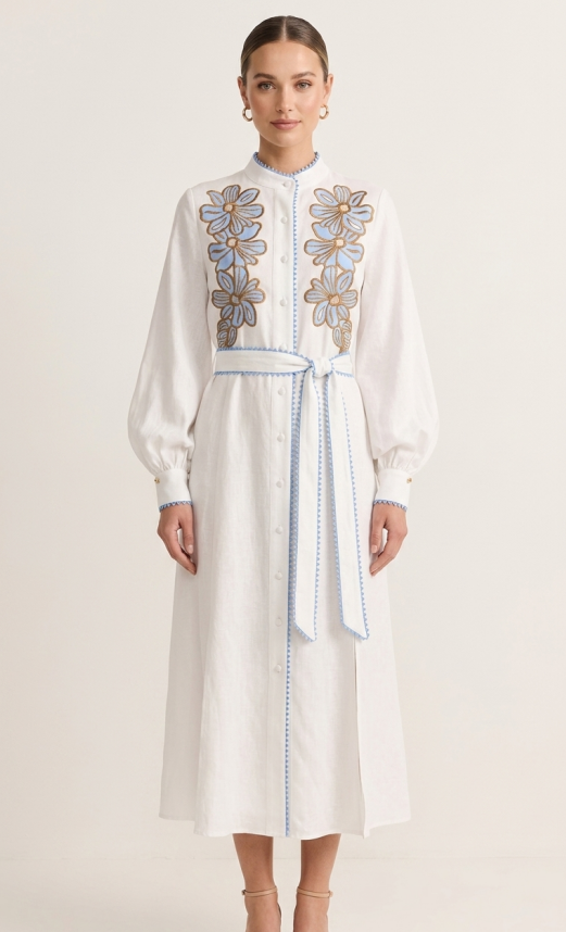 Vestido Midi Jovonna de Lino con Bordado Floral y Ribete Ric Rac