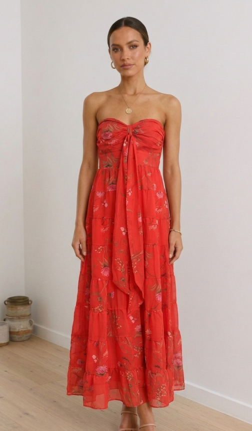 Vestido Maxi Palabra de Honor Rojo con Estampado de Peonías y Lazo Central