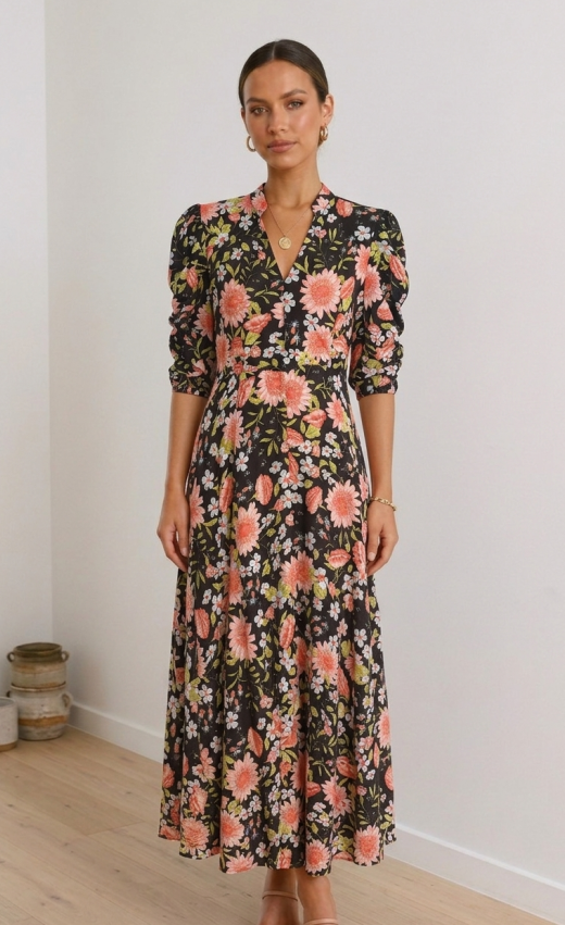 Vestido Midi "Night Garden" con Mangas Abullonadas y Estampado Botánico