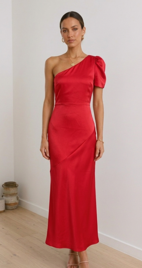 Vestido Maxi de Satén Carmesí con un Hombro y Costuras Asimétricas