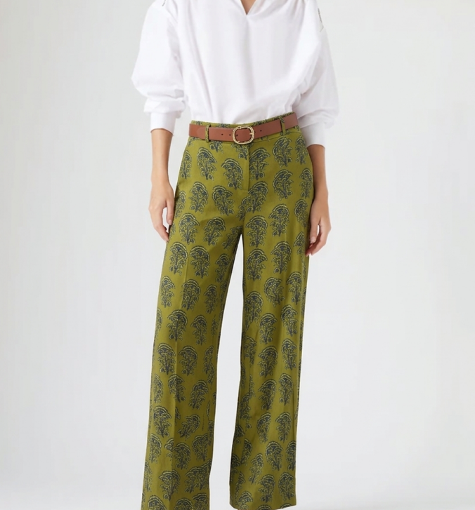 Pantalón de Lino Ancho en Tono Oliva con Estampado Botánico