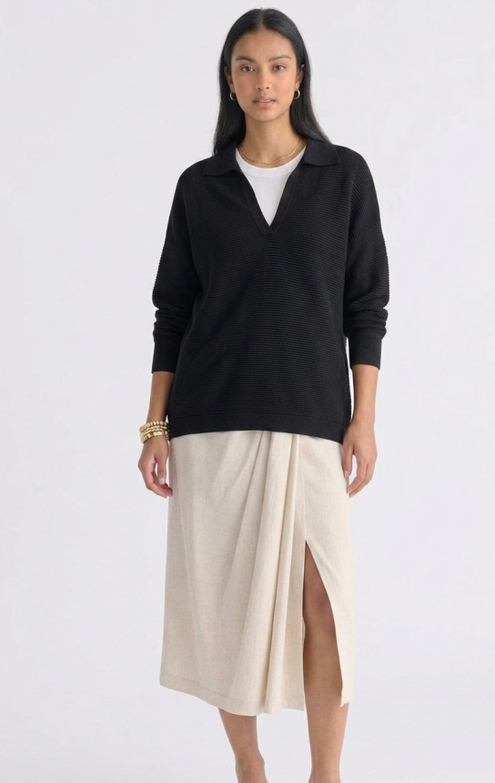 Buso Polo "Nero Rib" de Punto Fino y Escote en V