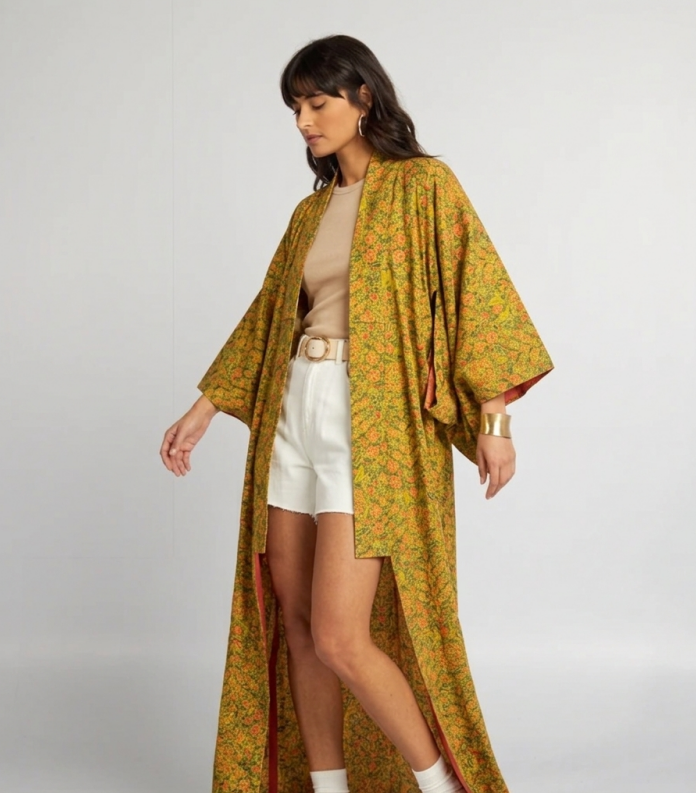 Kimono Largo Amarillo Floral – Elegancia Boho y Estilo Veraniego