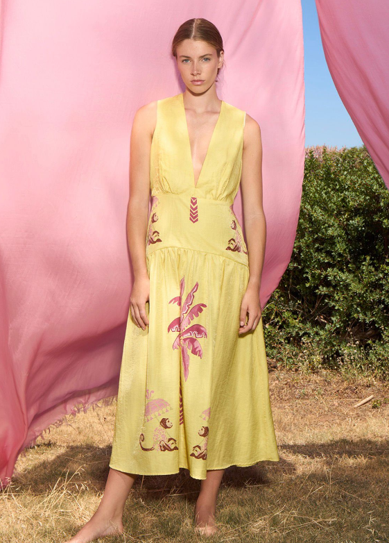 Vestido Midi amarillo de Lino Satinado