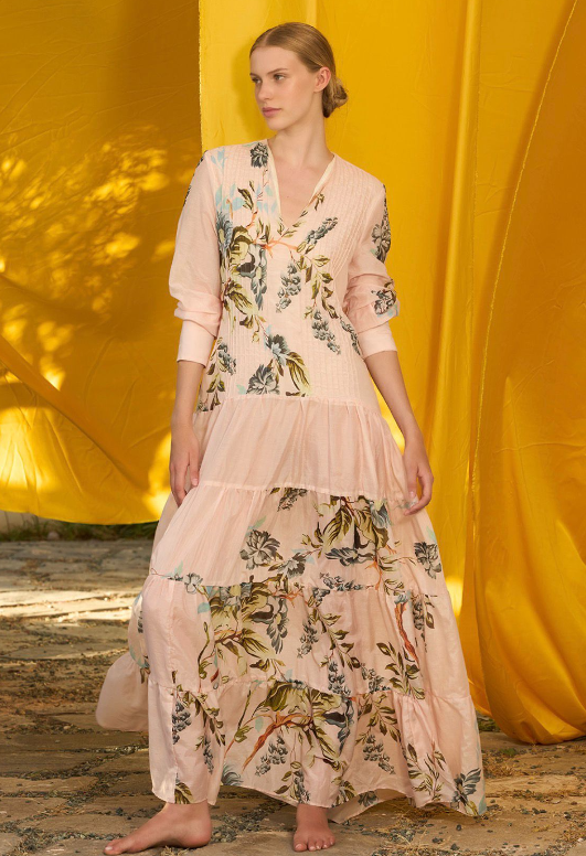 Vestido Maxi en Lino con Estampado Botánico