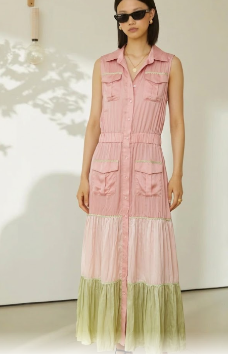 Vestido Largo Satinado Tricolor - Rosa y Verde Oliva