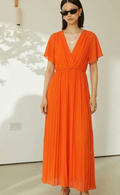 Vestido Largo Coral Vibrante - Cuello en V Cruzado y Elegancia