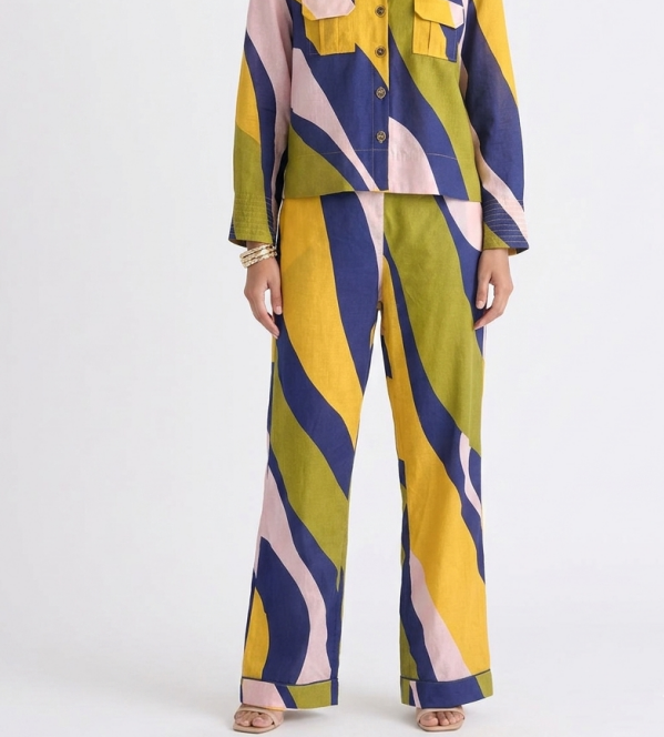 Pantalón Fluido de Talle Alto – Estampado Geométrico Retro