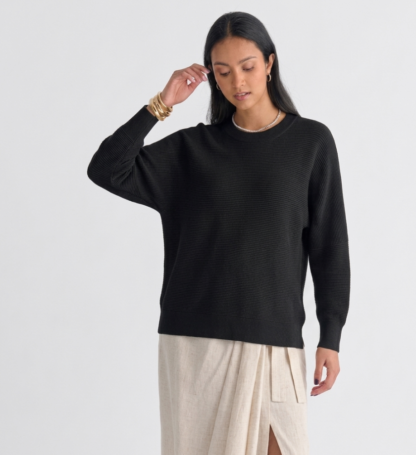 Jersey de Punto Acanalado Negro – Estilo Oversize Minimalista