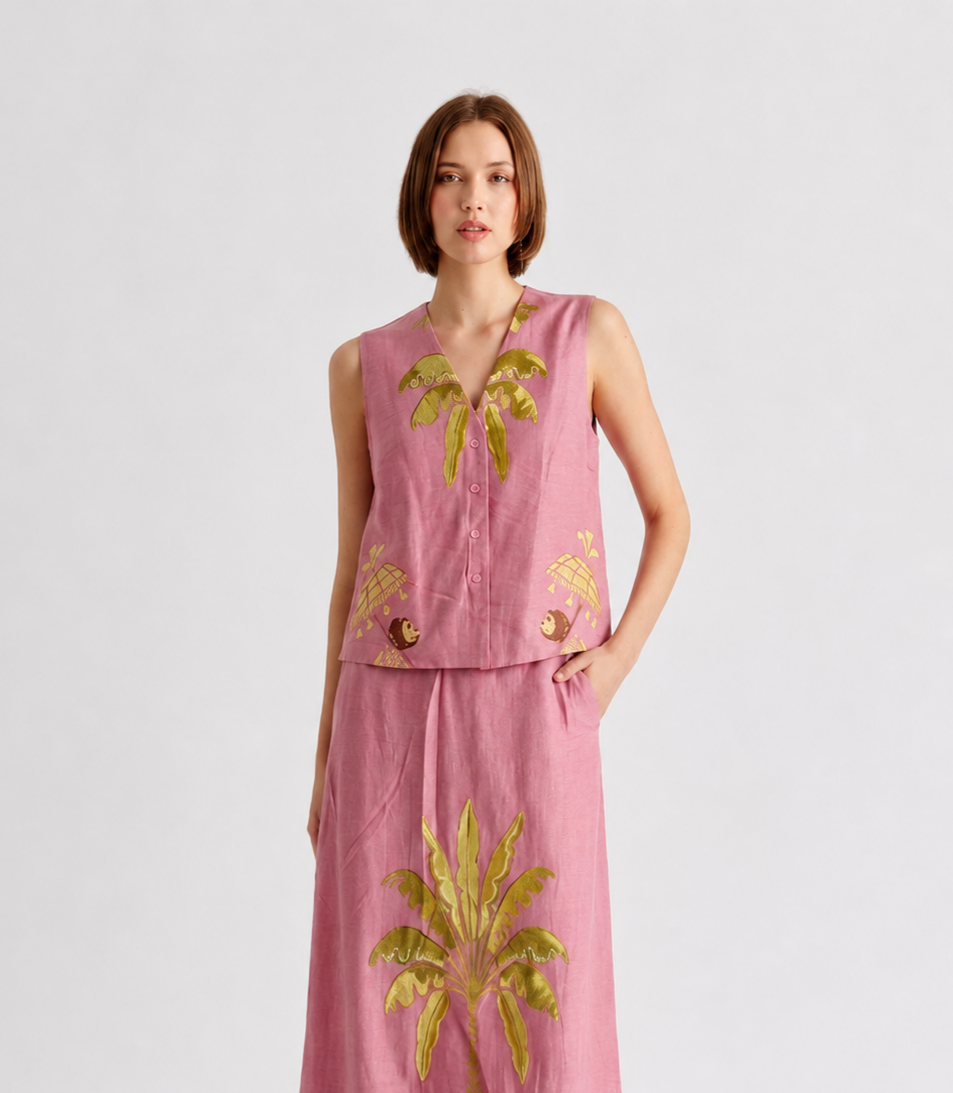 Chaleco Crop de Lino con Estampado Tropical