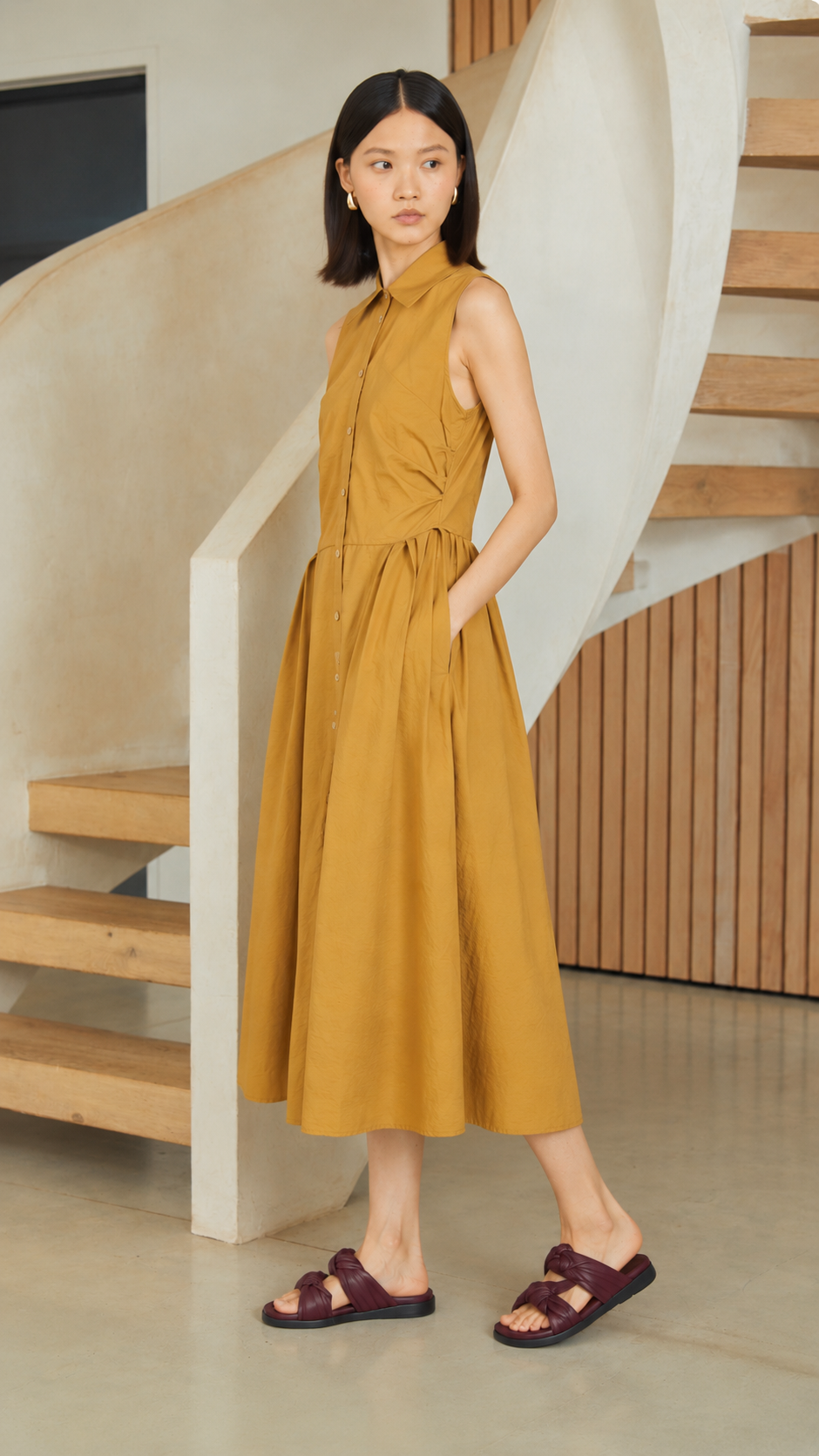 Vestido Midi Camisero Mostaza Elegance