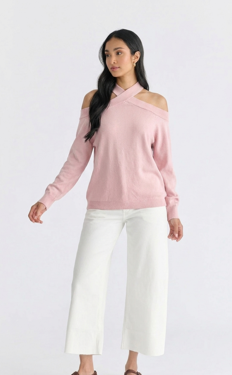 Jersey de Punto Fino con Escote Halter Cruzado y Hombros Descubiertos